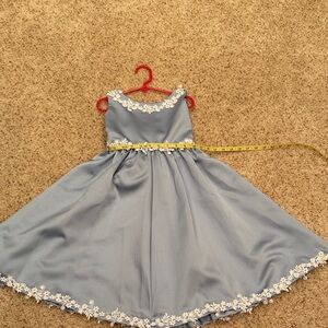 Elegant Girls Blue Dress with White Floral Trim